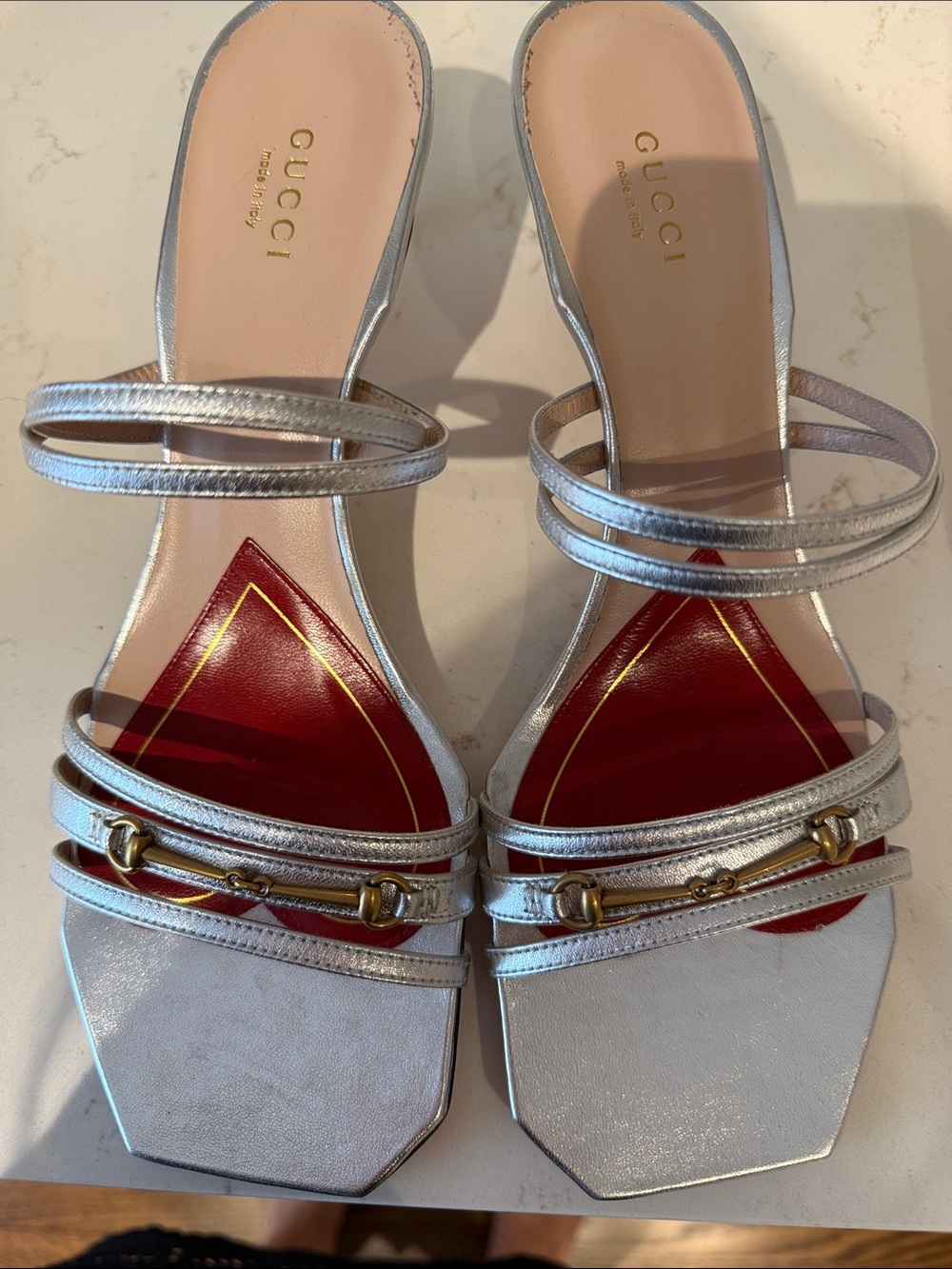 New with bags Gucci Silver Leather Double-Strap Horsebit Slide Sandals